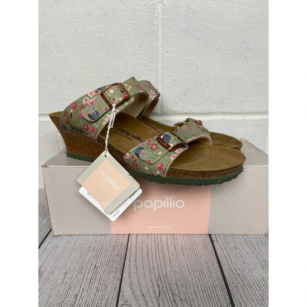 Papillio Dorothy Wedge Sandals Floral Khaki Adjustable Buckle Straps US10 Narrow